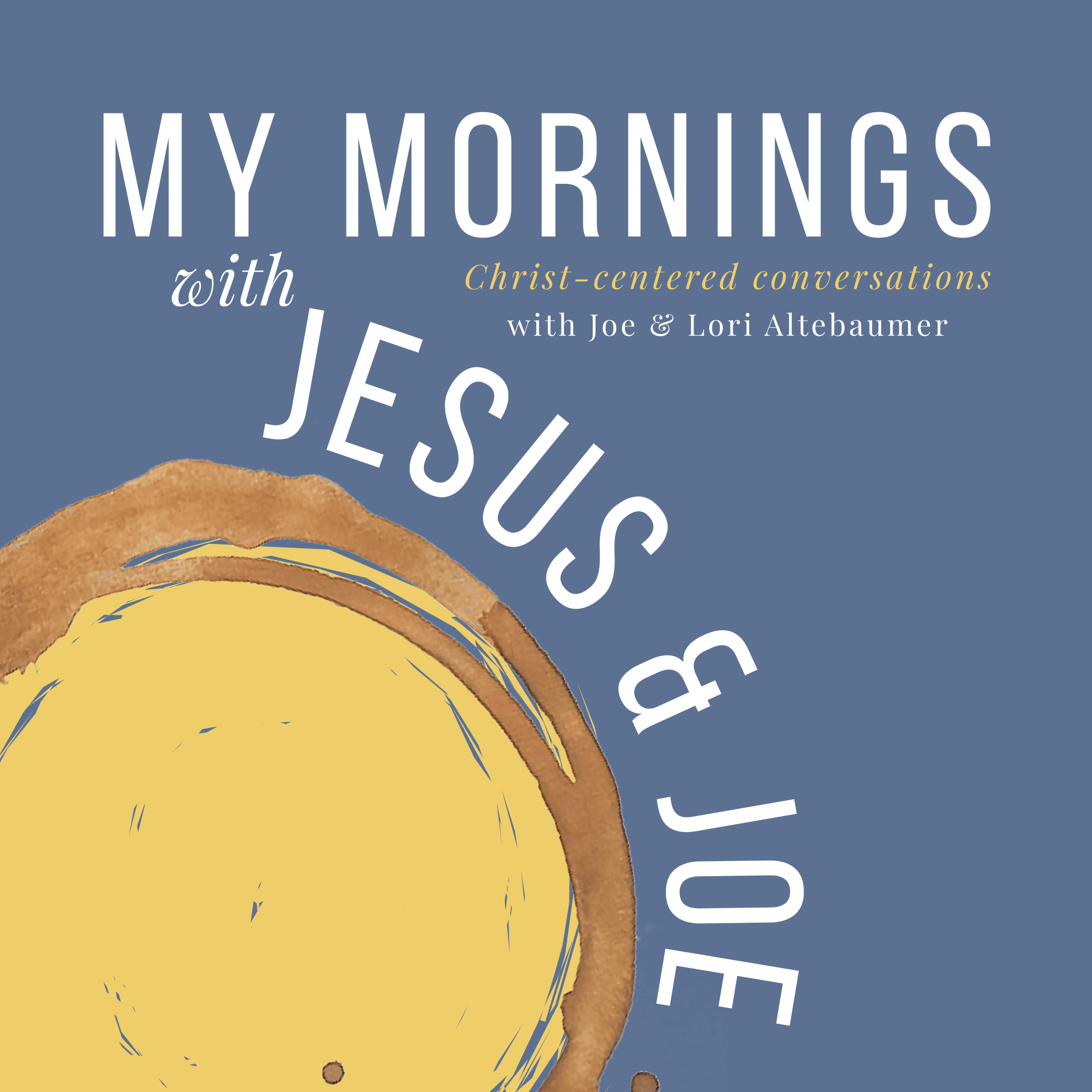 Title on blue background with yellow sun-like circle ringed in brown coffee stain in one corner